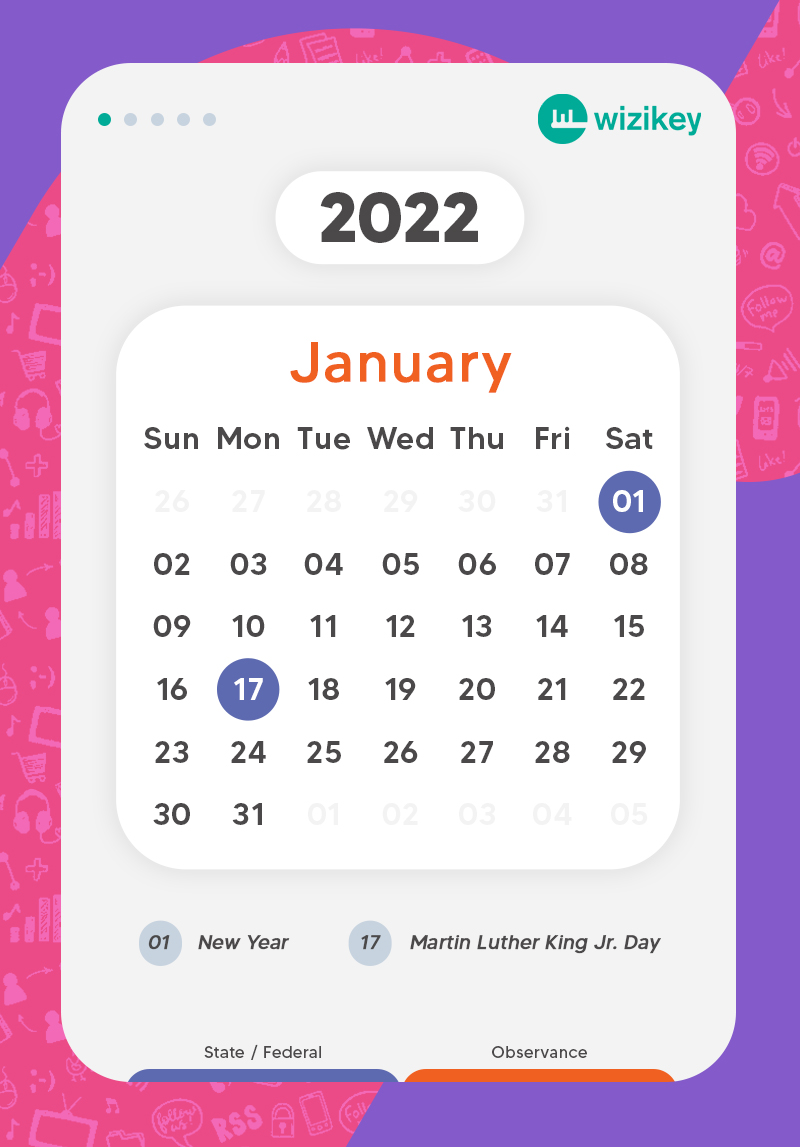 Social media calendar of January 2022 for the US